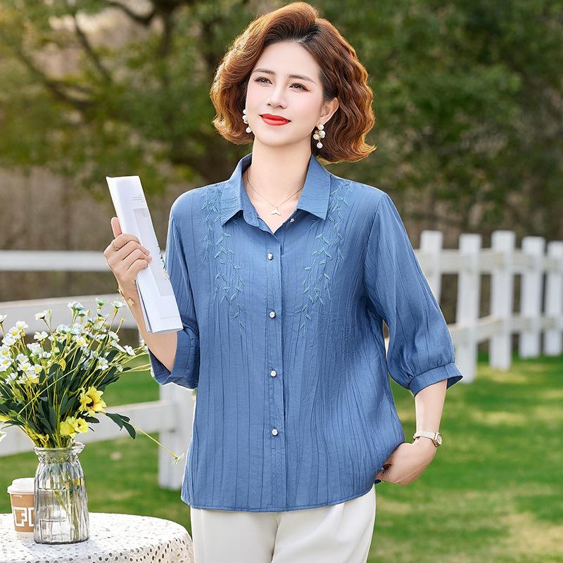

Stylish Embroidered Short-Sleeve Lapel Shirt for Middle-Aged and Elderly Mothers XL