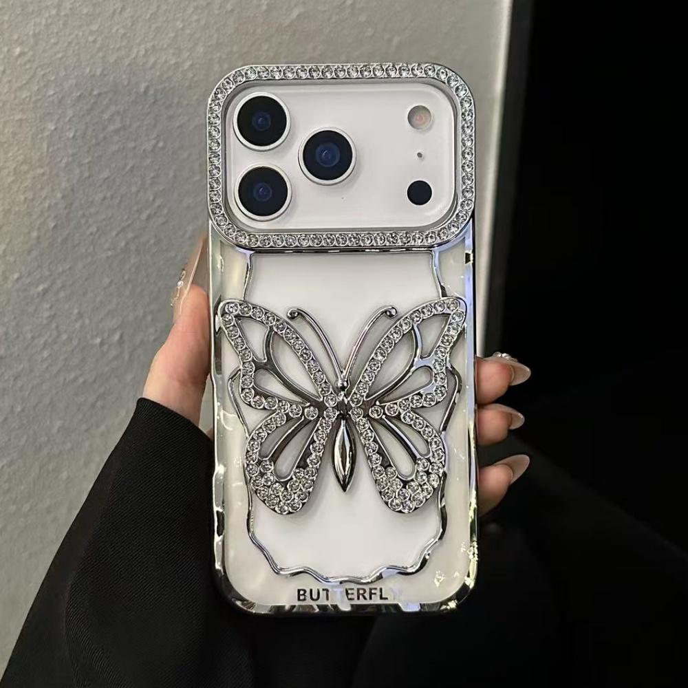 Plating Butterfly Hollow Glitter Diamond Case For iPhone 17 16 15 14 13 Pro Max Plus Bling Sparkling Rhinestone Shockproof Cover