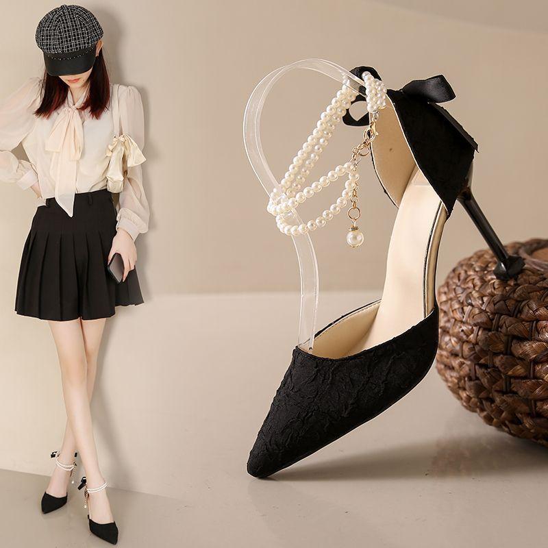 Girly temperament fresh hollow pearl single shoes 2025 new spring and summer fairy high heels women's skirt stiletto