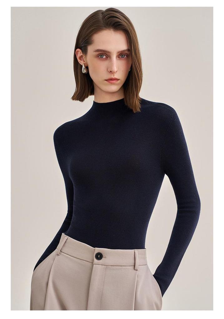 Machine Washable Women's Pure Wool Slim-Fit Half-High Collar Sweater - Autumn/Winter Cashmere Knit Base Layer