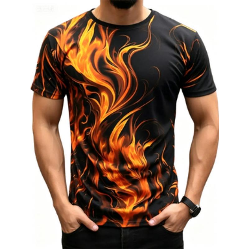 Modny Męski Trendy Krótki Rękaw Seria Płomieni Drukowany 3D Street T-shirt Okrągły Dekolt Casualowy Top