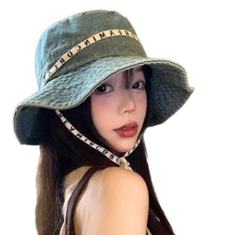 Autumn hat women's retro cowboy hat letter strap mountaineering hat outdoor hiking big head circumference bucket hat