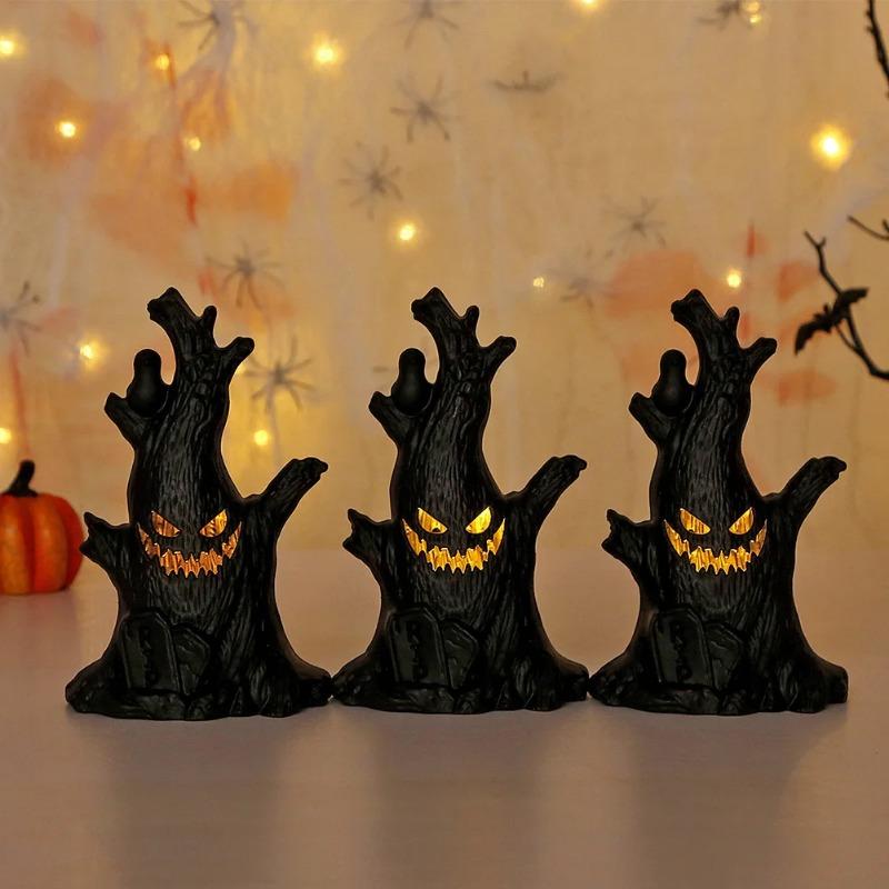 1-10PCS Halloween LED Ghost Face Tree Statue with BatterySpooky Tree Demon Statue Tabletop Bark Face Figurine for Indoor Outdoor