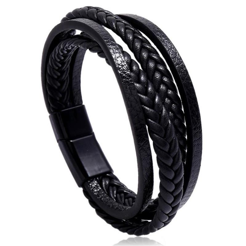 Multilayer Stacking Leather Bracelet Men Handmade Braided Black Silvery Magnetic Buckle Durable Charm Armband Homme Casual Joias