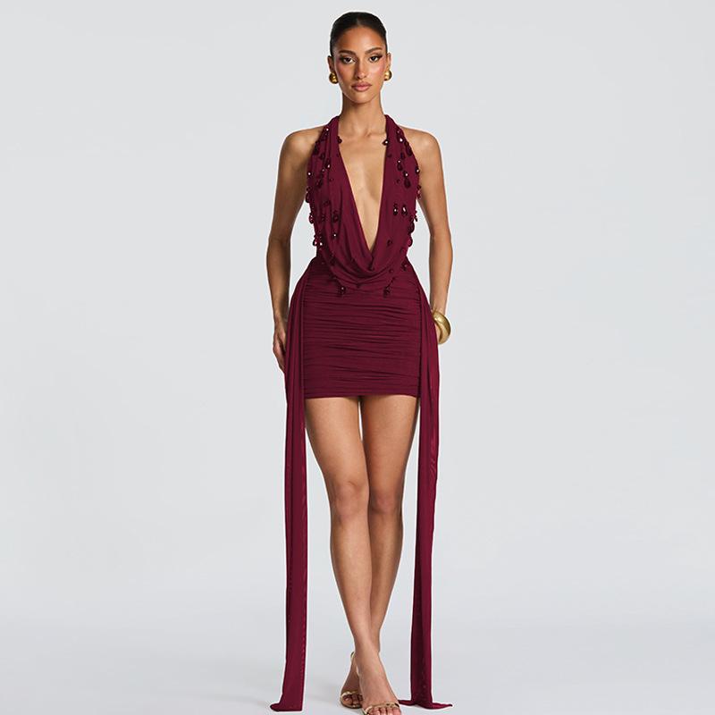 

Spring and summer new European and American women s clothing personalized water drop decoration sexy deep V-neck neck halter hip dress S бордовый