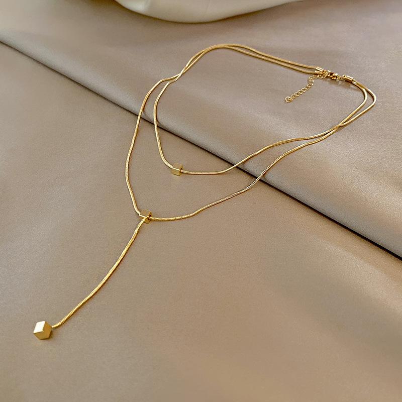 316L Stainless Steel New Fashion Fine  Minimalism 2 Layers Cube Tassel Charms Chain Choker Necklaces & Pendants For Women
