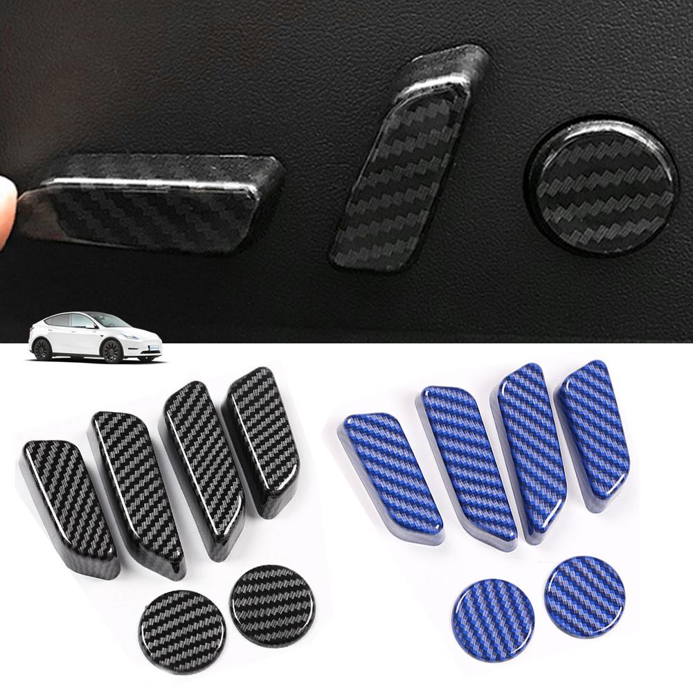6 STÜCKE Für Tesla Model 3 Model Y Kohlefaserfarbe Sitzverstellschalter Knopf Zierabdeckung Schwarz ABS Autoinnenraumzubehör