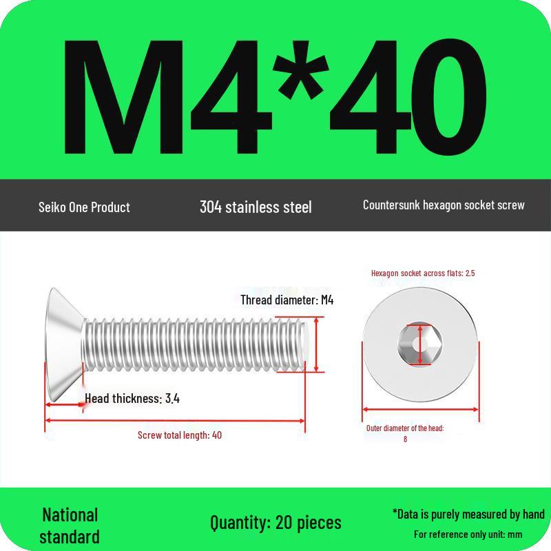 M2-M10 Stainless Steel Flat Head Machine Screws and Bolts Set, Countersunk Hex Socket Cap, 304 Grade.