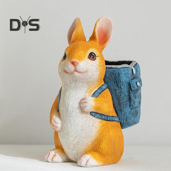 Rabbit Pen Holder Resin Bunny Figurine with Open Backpack Pencil Holder Decorative Rabbit Desk Organizer for Pens Pencils Makeup Brushes