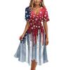 Women V Neck Short Sleeve Casual Dress with Star and Stripe Print Loose Fit Knee Length for Daily Wear Holiday Party