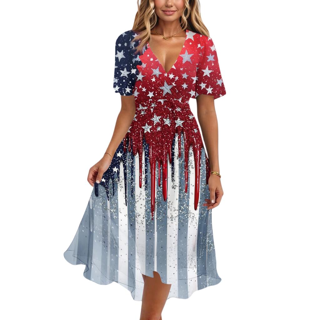 Women V Neck Short Sleeve Casual Dress with Star and Stripe Print Loose Fit Knee Length for Daily Wear Holiday Party
