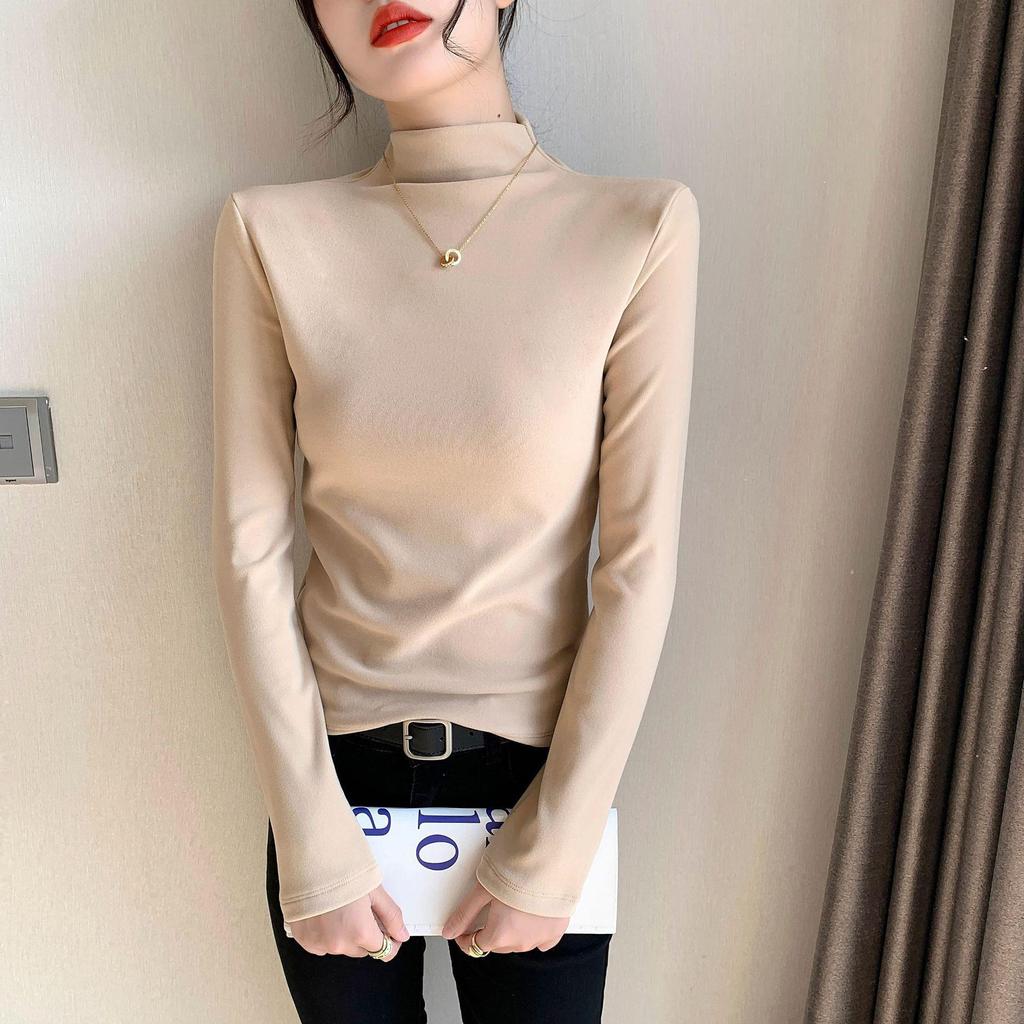 Women's Slim Fit Plush Shirts - Half-High Collar, Long Sleeves, Perfect for Autumn/Winter