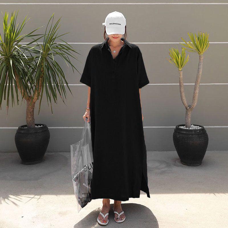 Summer New Turn-down Collar Solid Color Tshirt Dress Women Button Short Sleeve Loose Casual Maxi Dress Ladies Korean Style Robe