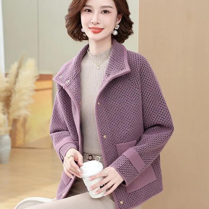 Autumn Winter Lapel Zipper Long Sleeve Solid Women's Cardigan Coat Knitted Pocket Fashion Elegant Top