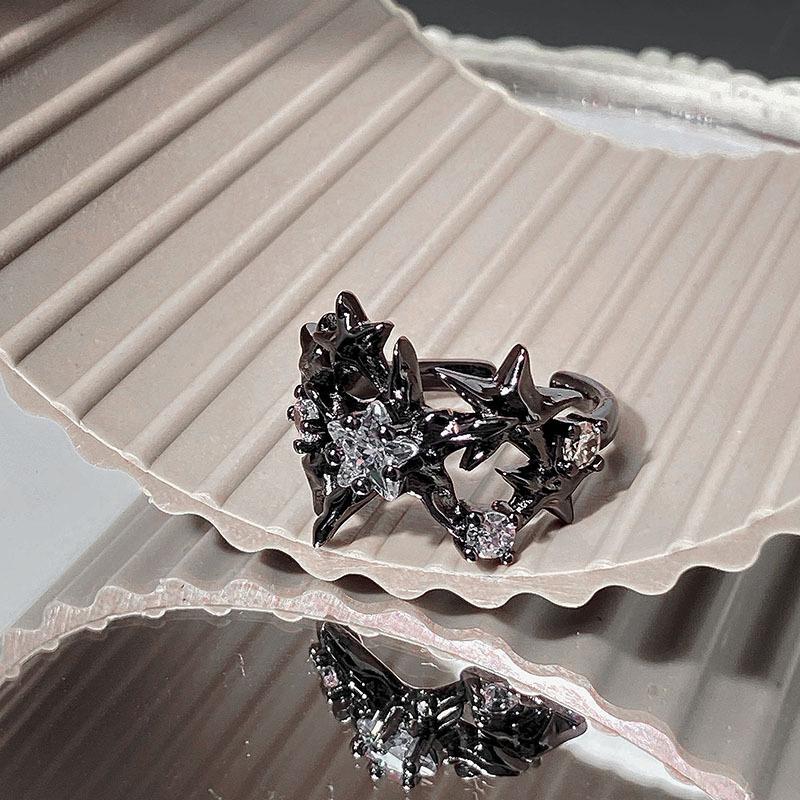 Punk Gothic Inlaid Zircon Star Black Open Ring Neutral Retro Creative Irregular Daily Party Jewelry Gift