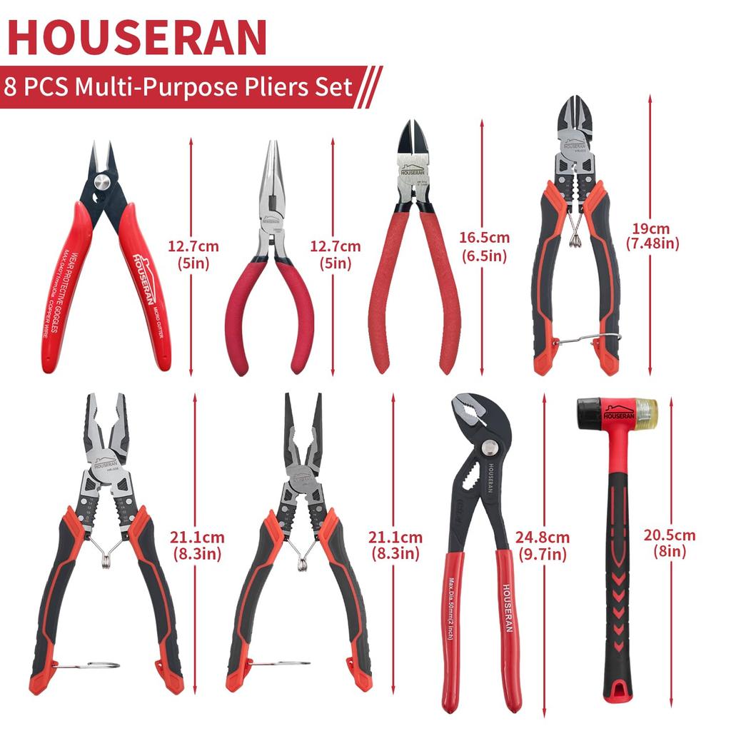 HOUSERAN Radio Water Pump Rubber Tool Case Included Nippers, Pliers, Pliers, Pliers, Hammer, 8-Piece Set, (Tool 8-Piece Set)