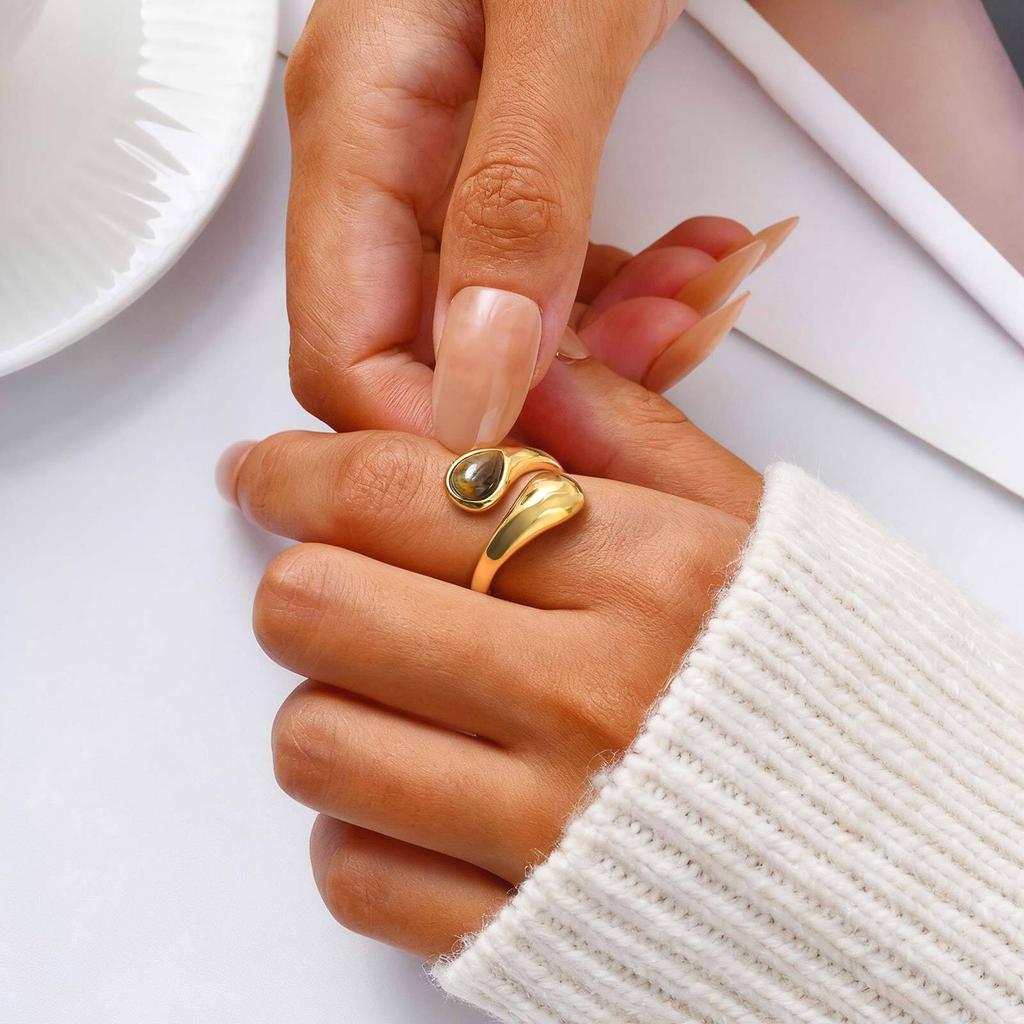 Vnox Minimalist Metal Cuff Open Rings, Stainless Steel Tiger Eye Stone Inlaid, Aesthetic Wedding Christmas Jewelry
