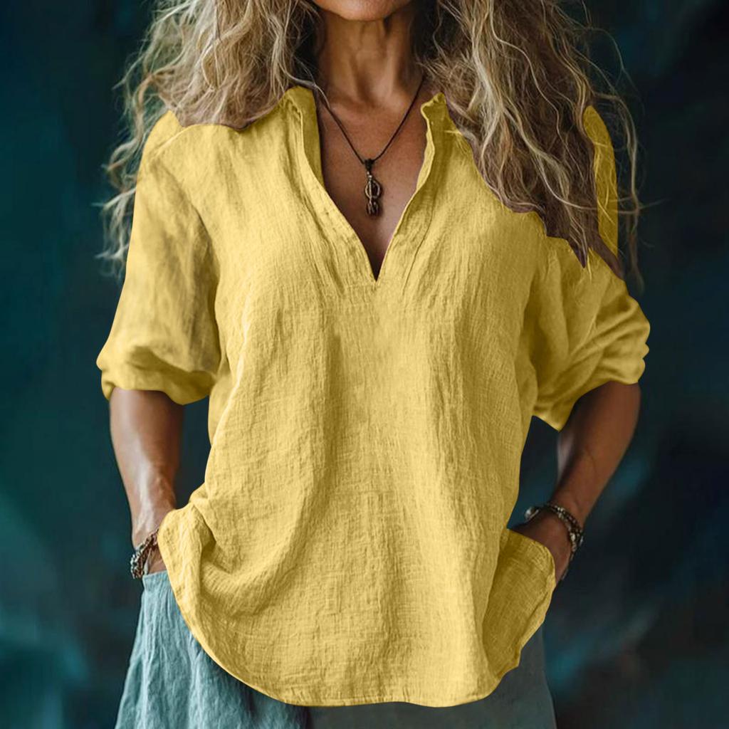 Women's Fashion Casual V-Neck Cotton-Linen Blend Shirt Loose-Fit Short-Sleeve Top