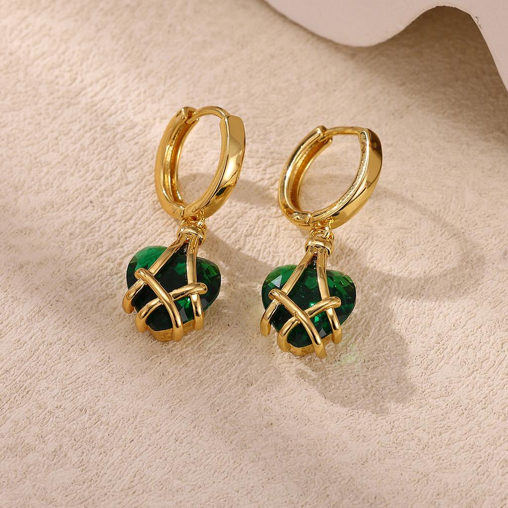 Emerald Green Heart Dangle Hoop Earrings For Women 18-K Gold Plated Love Huggies Earring Jewelry Elegant Party Cute New Gifts