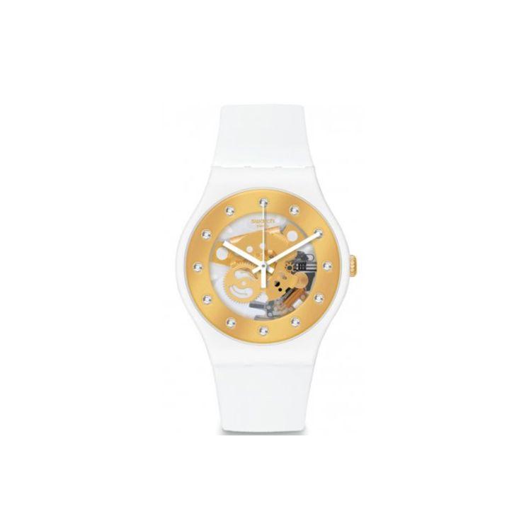 Swatch Originals Series Quartz Movement 30M Water Resistant Watch 41Mm Gold Dial Plastic Case Silicone Strap Women watches SUOZ148 White