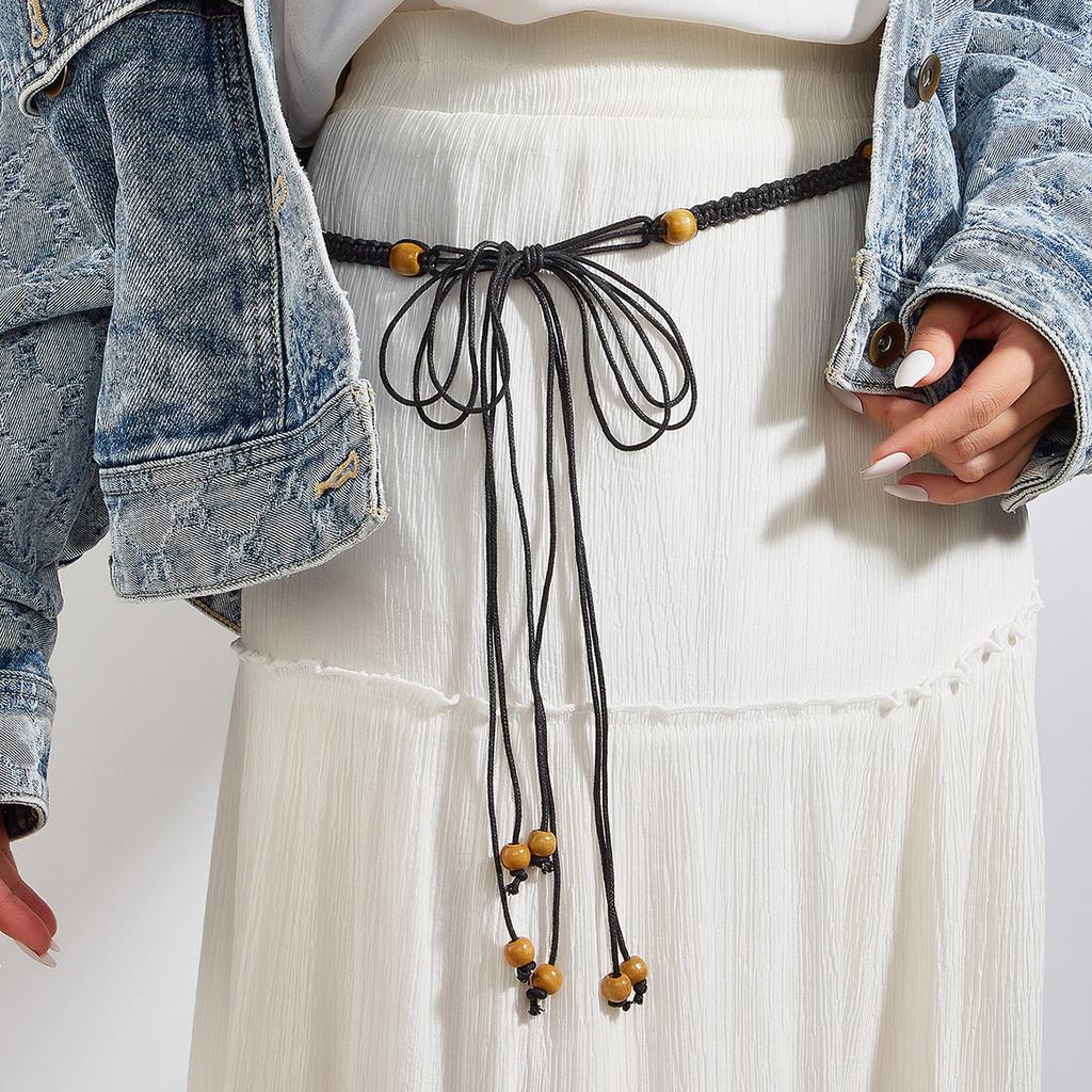 Inspired Cotton Ethnic Womens Belt Wooden Bead Pendant Fashion Waist Rope