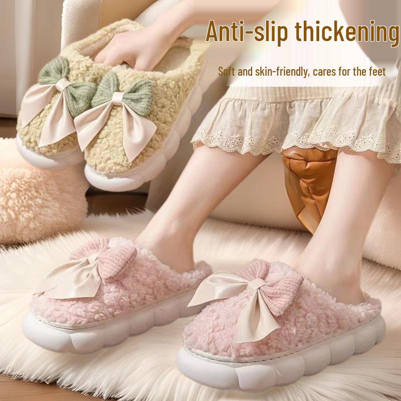 Women's Winter Fleece-Lined Fluffy Bow Slippers - Cozy, Thick-Soled Home Footwear