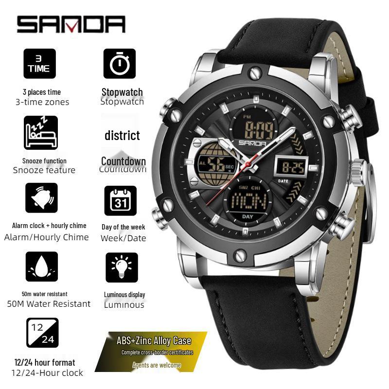 SANDA Men's Multi-Time Zone Steel Band Watch - Luminous, Waterproof, Alarm & Stopwatch Features