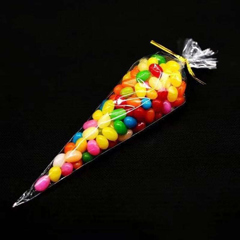 100Pcs Clear Cone Candy Storage Bags Cones Transprant Plastic Bag Popcorn Candy Bags For Baby Shower Wedding Party Bags Supplies