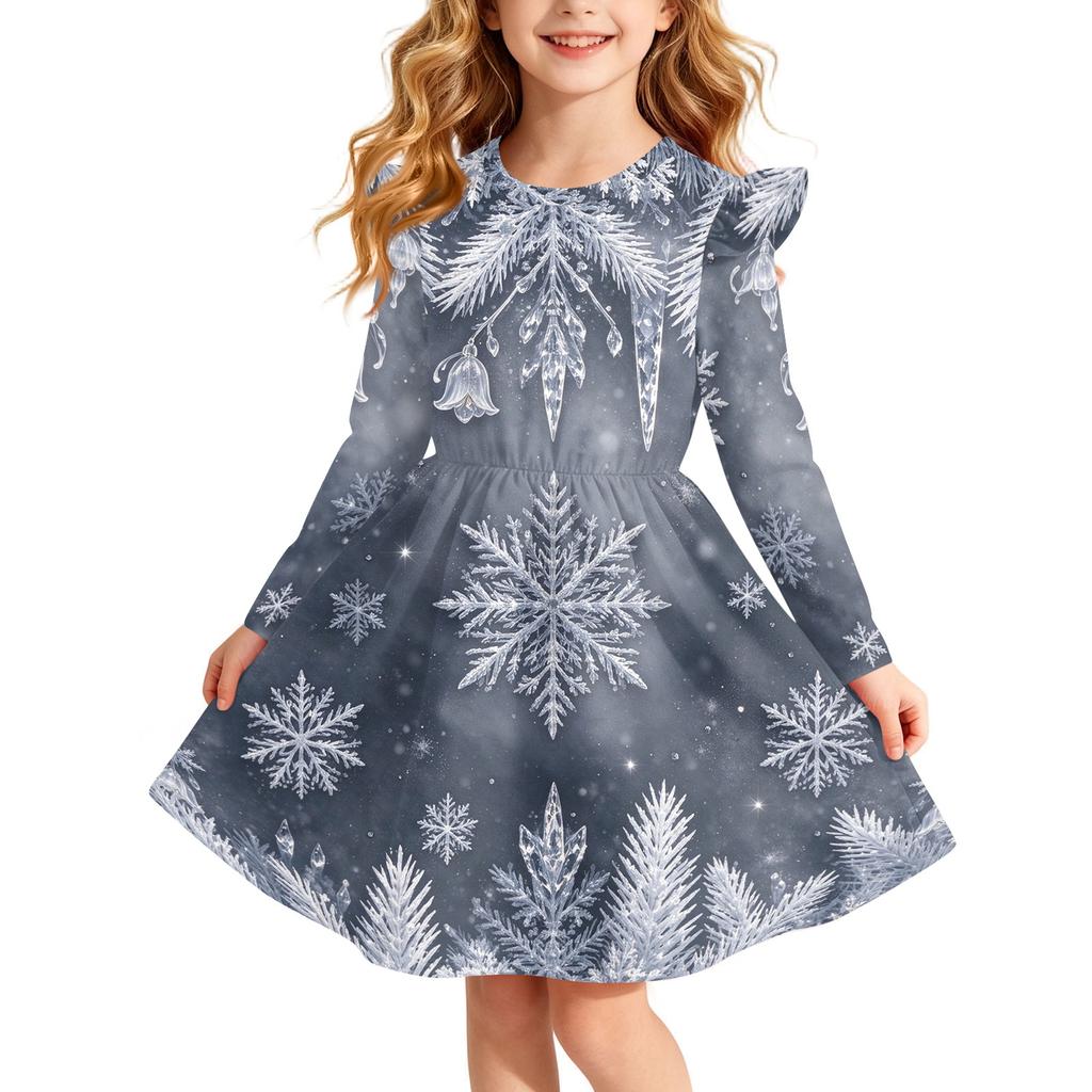 Girls' Christmas Print Long Sleeve Dress with Sleeves for Holiday Party