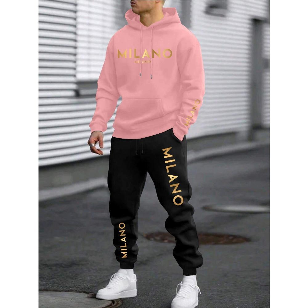 Men's Vacation Style Printed Sportswear and Pants Set, Casual Sportswear Drawstring Pants Set, Autumn and Winter Men's Outdoor 2 Piece Set