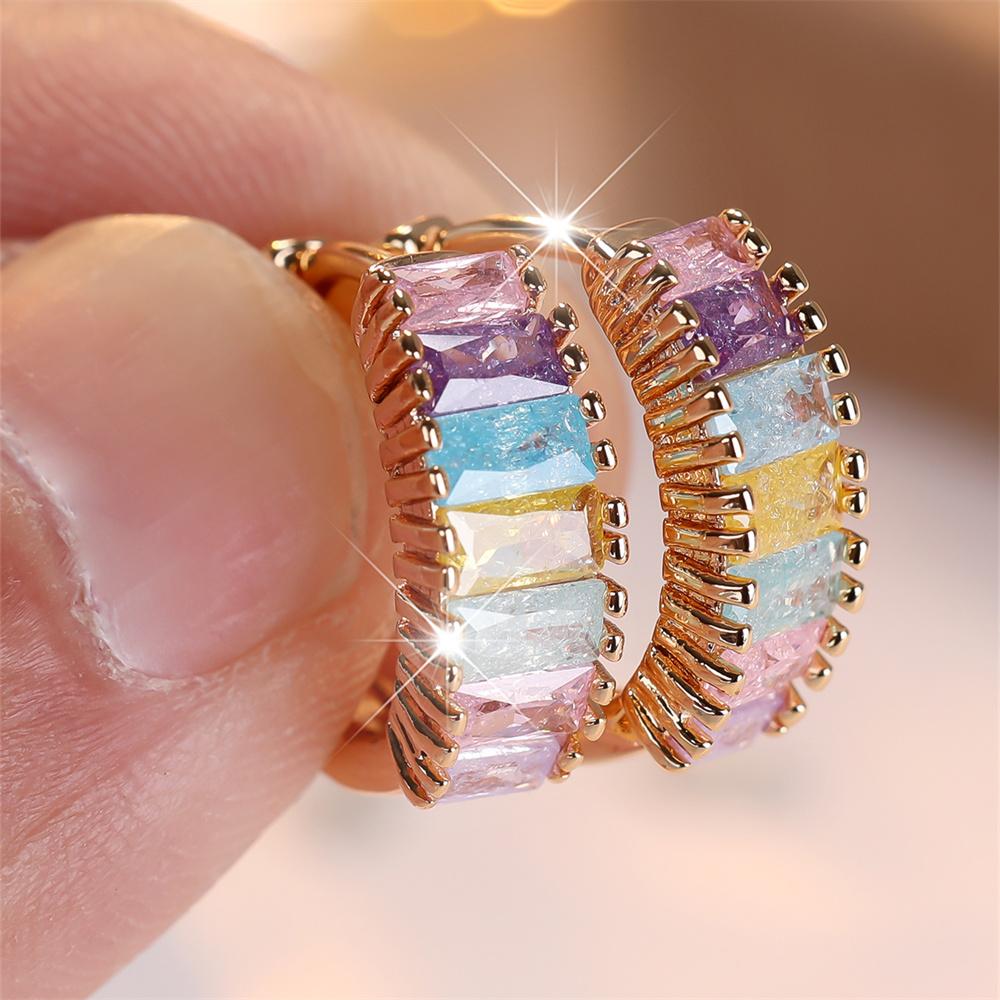 Square Stone Multicolor Ice Flower Zircon Hoop Earrings For Women Vintage Gold Color Ear Buckle Wedding Jewelry Versatile Gifts