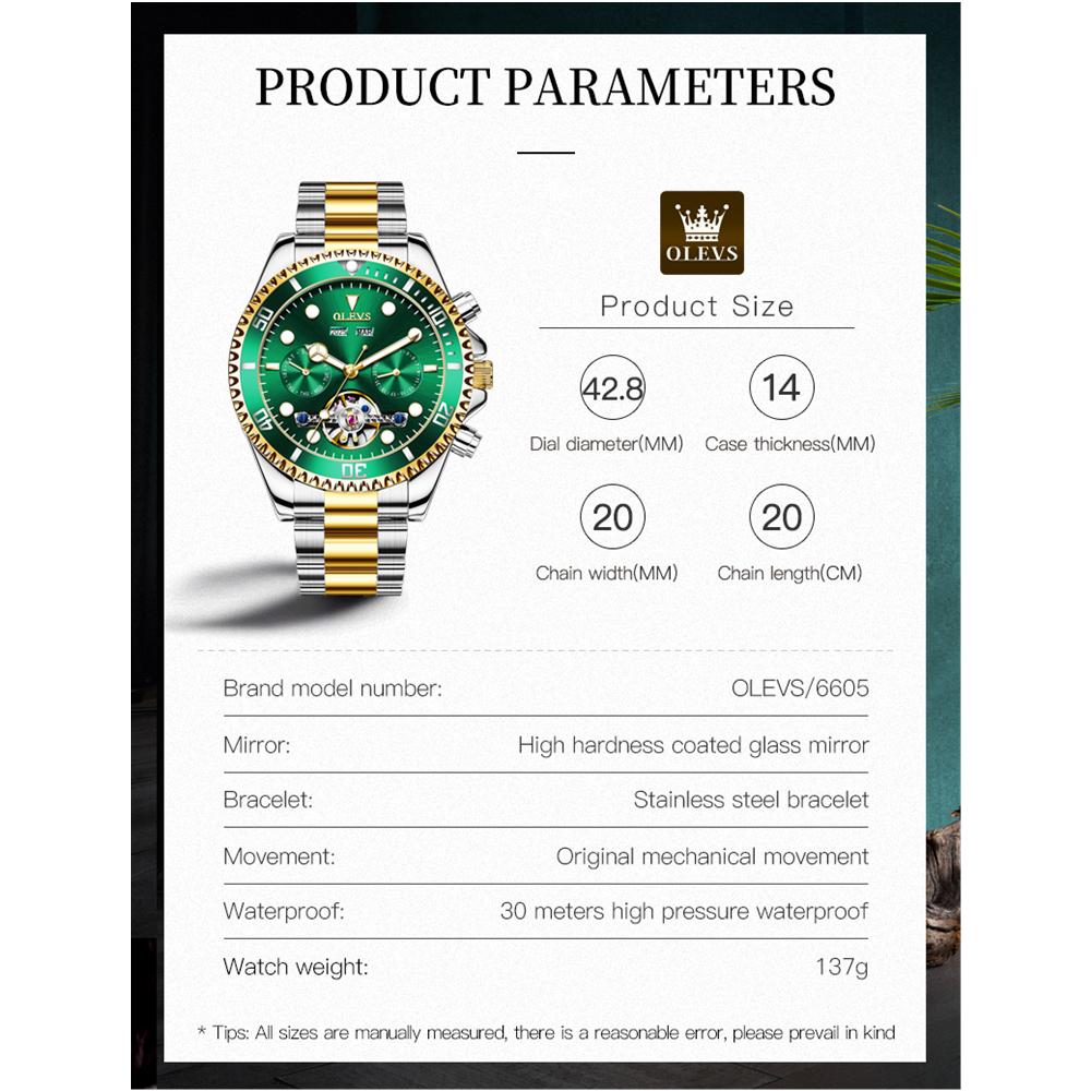 OLEVS Men's Skeleton Automatic Mechanical Watch Date Display Stainless Steel Business Men's Watch