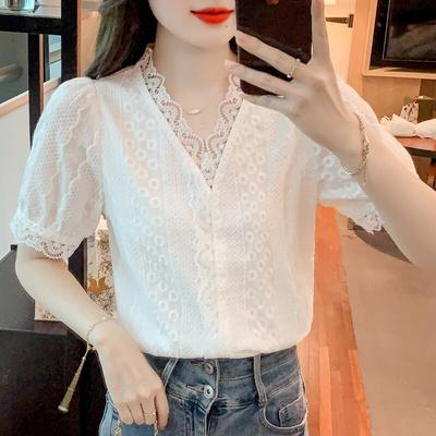 Fashion Short Sleeve Lace Blouse Women Elegant V Neck Tops Summer Womens Shirts White Floral Female Clothing 26022