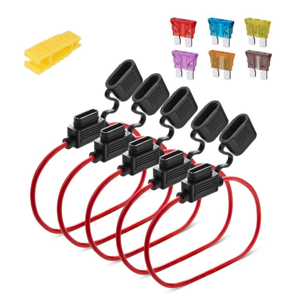 5pcs Inline ATC ATO Flat Fuse Holder 20A Waterproof Dustproof 6 Fuse for Car (1 Each of 3A/5A/7.5A/10A/15A/20A)