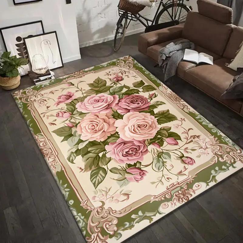 Classic Vintage Floral Rose Printed Carpet Luxurious Modern Living Room Bedroom Office Decor Non-Slip Machine Washable Floor Mat