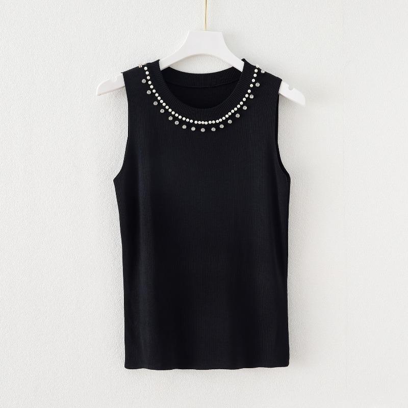 Women Summer New Round Neck Beading Tank Tops Elegant Slim Fit Knitted Casual Base Female Sleeveless Tanks Vest Simple Sweet Fashion Lady Camis 3115