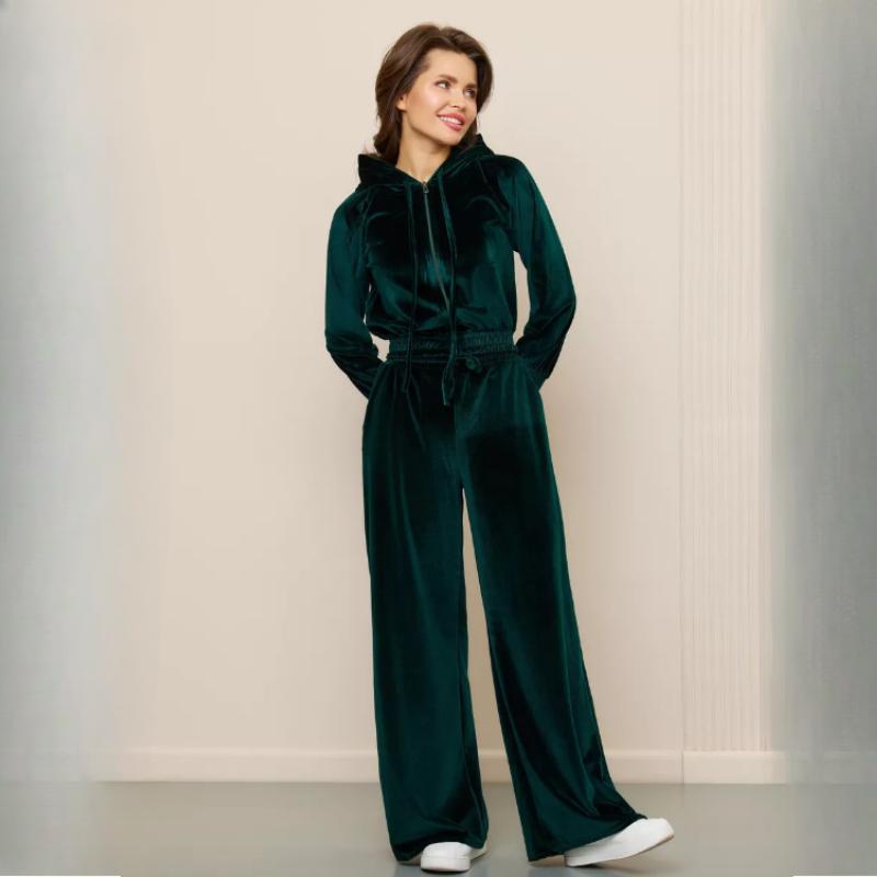 Dámský ležérní sportovní dvoudílný jednobarevný sametový kardigan s kapucí na zip s dlouhým rukávem + kalhoty se širokými nohavicemi s elastickým pasem dámský oblek