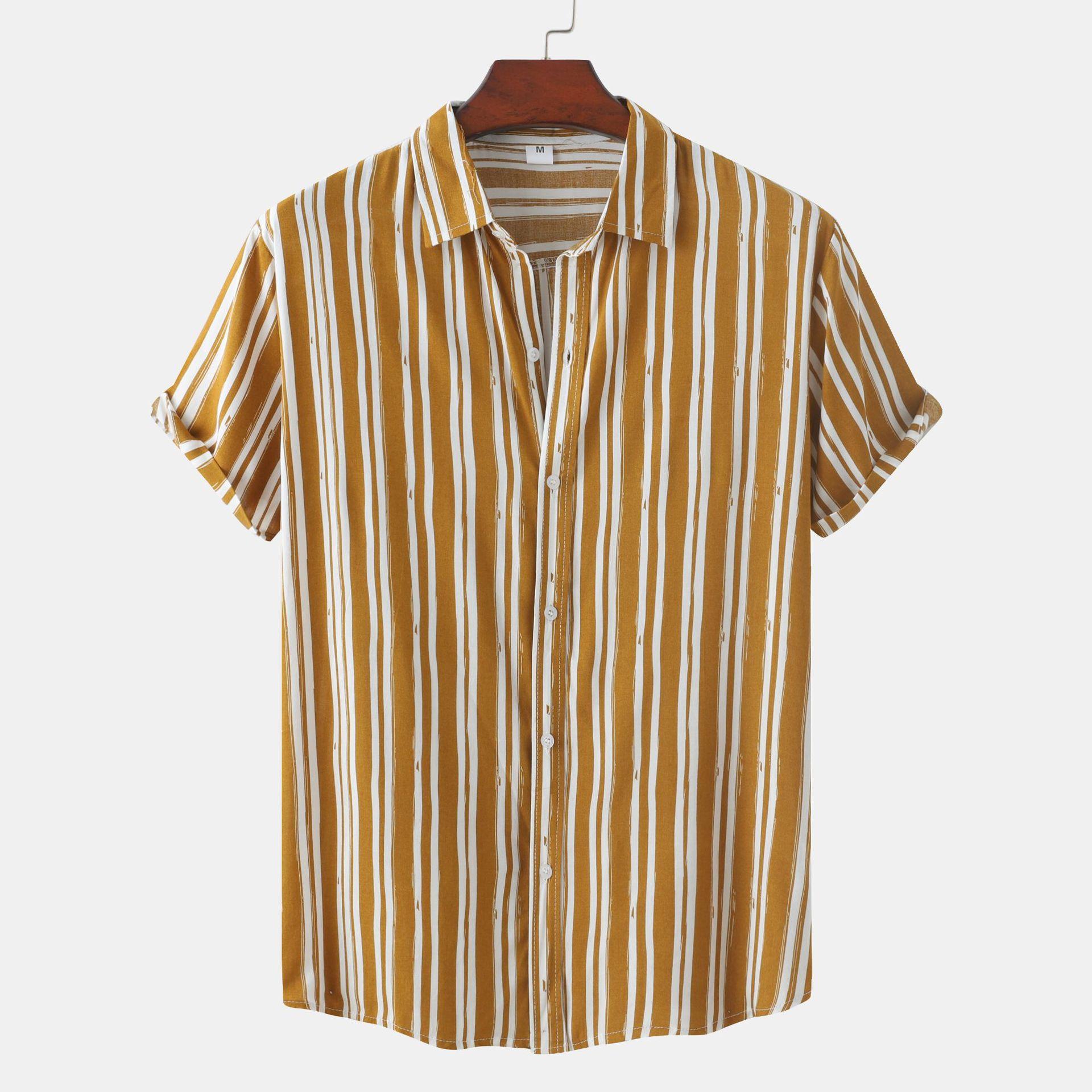 

Мужская летняя свободная полосатая повседневная рубашка с коротким рукавом для подростков с застегивающимися лацканами XS имбирный