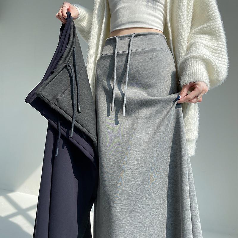 Grey sports skirt women's spring and autumn new high-waisted straight split a-shaped skirt drooping skirt long skirt