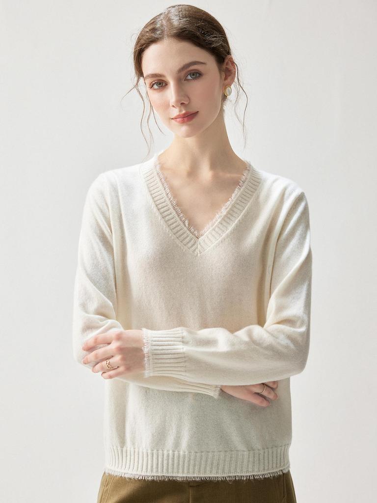 Kaschmir V-Ausschnitt Quasten Pullover - Herbst/Winter 2026 Damen Locker Elegant Schlankmachendes Oberteil.