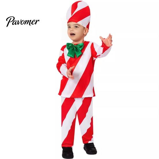 Zábavný vánoční párty outfit Kostým lízátka pro dospělé děti Červeno-bílý pruhovaný top Kalhoty Zpevněný šev Klobouk 3dílná sada Cosplay oblečení Muži A