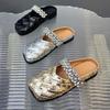 Woven Flat-bottomed Outer Bag Head Half Slippers Summer 2025 New Retro Square Head One-word Belt Muller Shoes