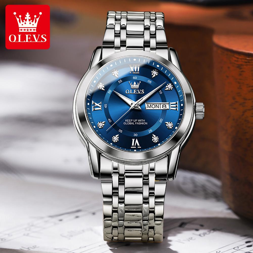 OLEVS 5513 Men's Quartz Watches Stainless Steel Strap Diamond Scale Dual Calendar Waterproof Luminous Men's Business Wristwatch