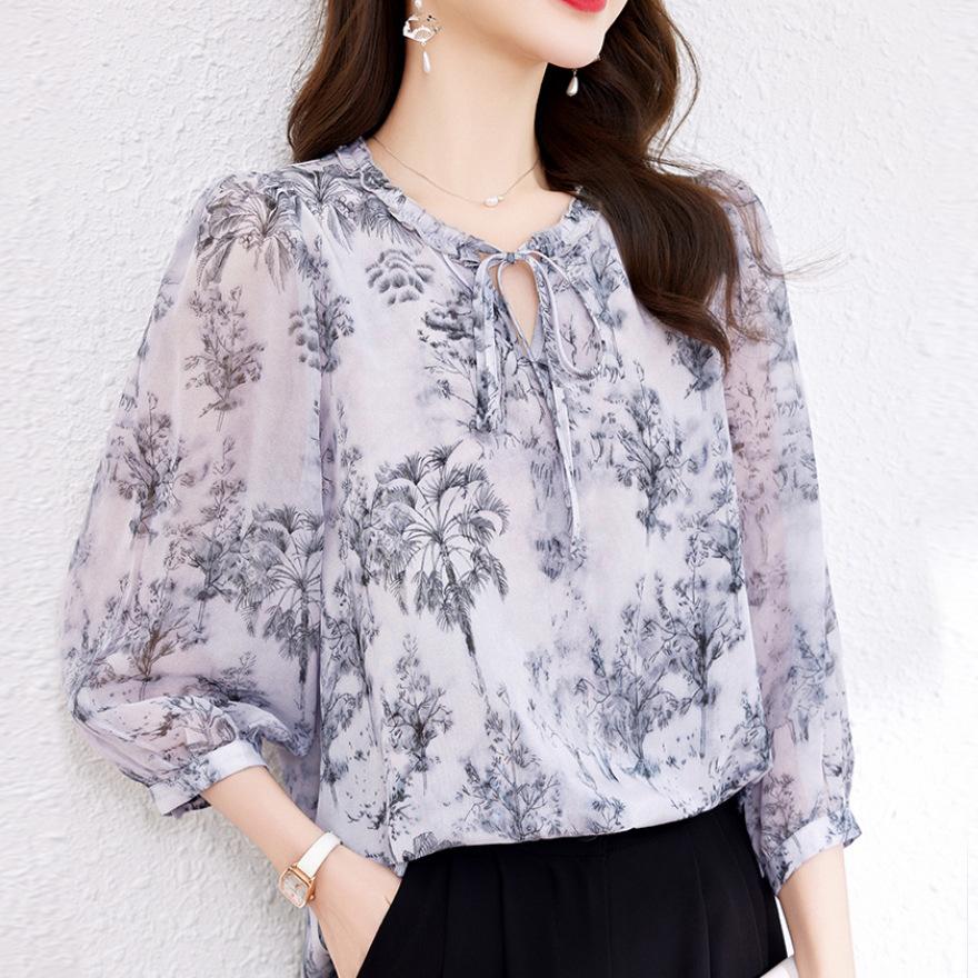 

Рубашка из шелка класса люкс для женщин, элегантная рубашка с рукавом три четверти, свободный топ из шелка-тутового дерева с принтом 2XL