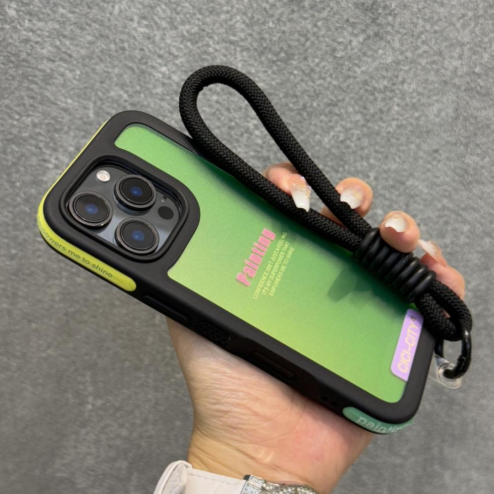 Candy Contrast Color Laser Wrist Strap Case For iPhone 14 15 16 17 Pro Max Frosted IMD Anti-Loss Cord Lanyard Soft Bumper Cover