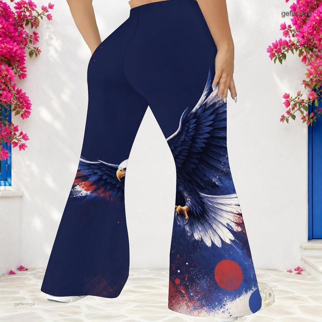 Women Plus Size High Waist Red Blue Star Printed Full Length Flared Pants