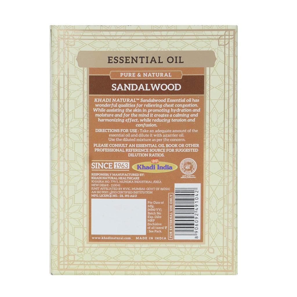 KHADI NATURAL Olio Essenziale di Sandalo 15ml Confezione da 1 per Aromaterapia Rilassamento e Calma dello Stress
