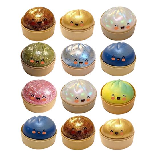 12Pcs Steamed Bun Stress Ball with Steamer Anti-Anxiety Glitter Cartoon Dumpling Squeeze Toy Simulated Dough Ball Fidget Sensory Toy