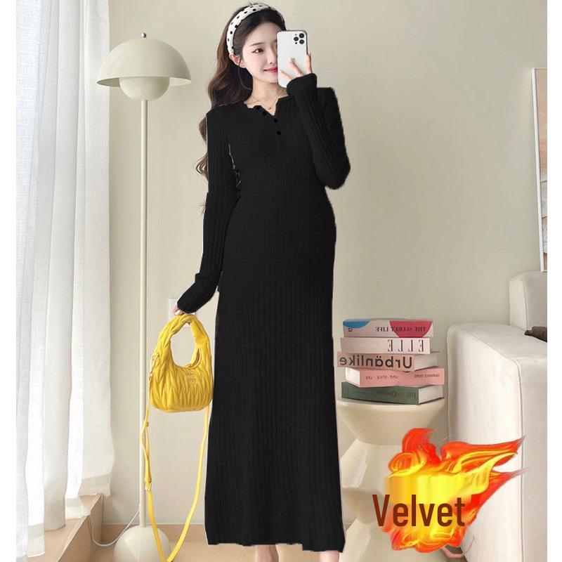 Maternity French Style Dress: Spring/Autumn Innerwear, Plus Velvet Warm, Solid Color, Round Neck, Belly Support, Slimming
