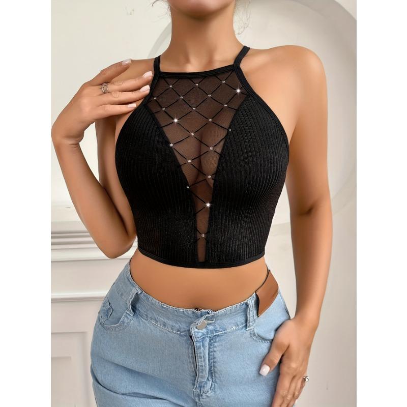 Rhinestone Mesh Halter Crop Top – Sexy Ribbed See-Through Tank Top S чёрный